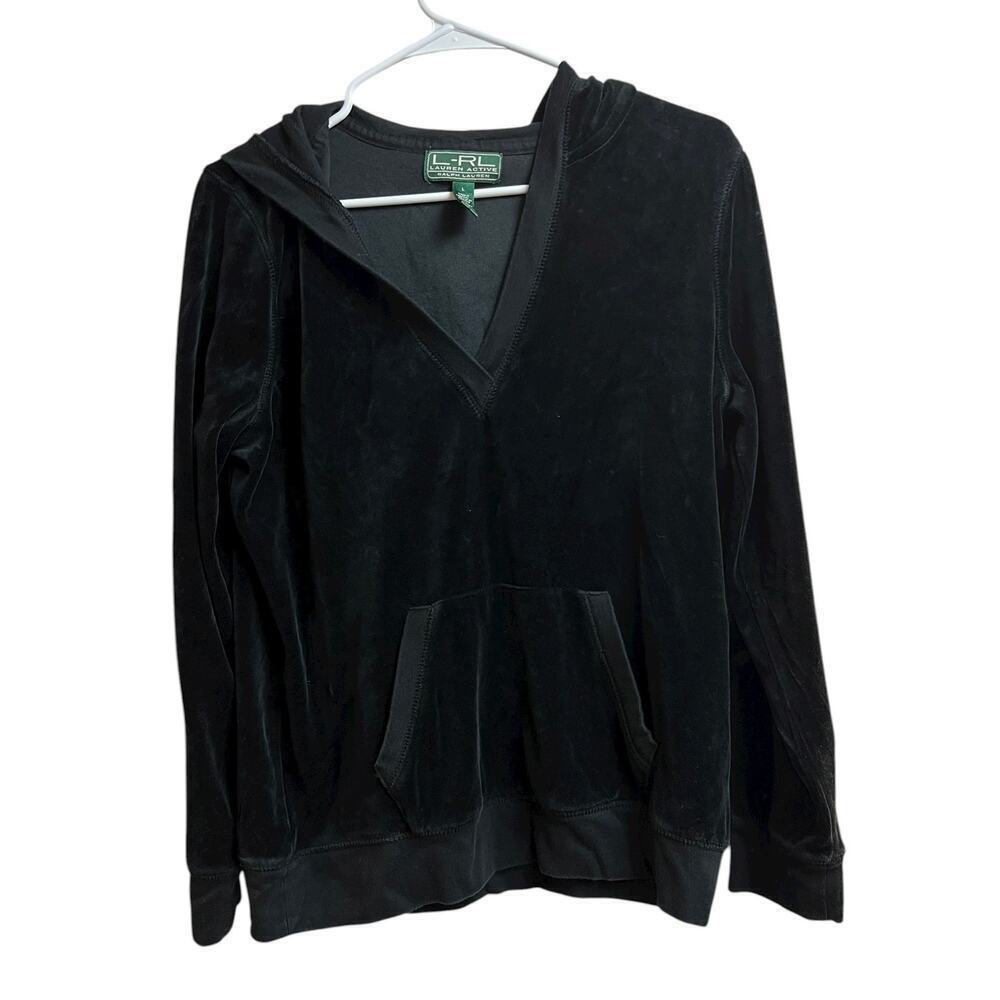 L-RL Lauren Active Ralph Lauren V-Neck Black Velour Pullover Hoodie Large